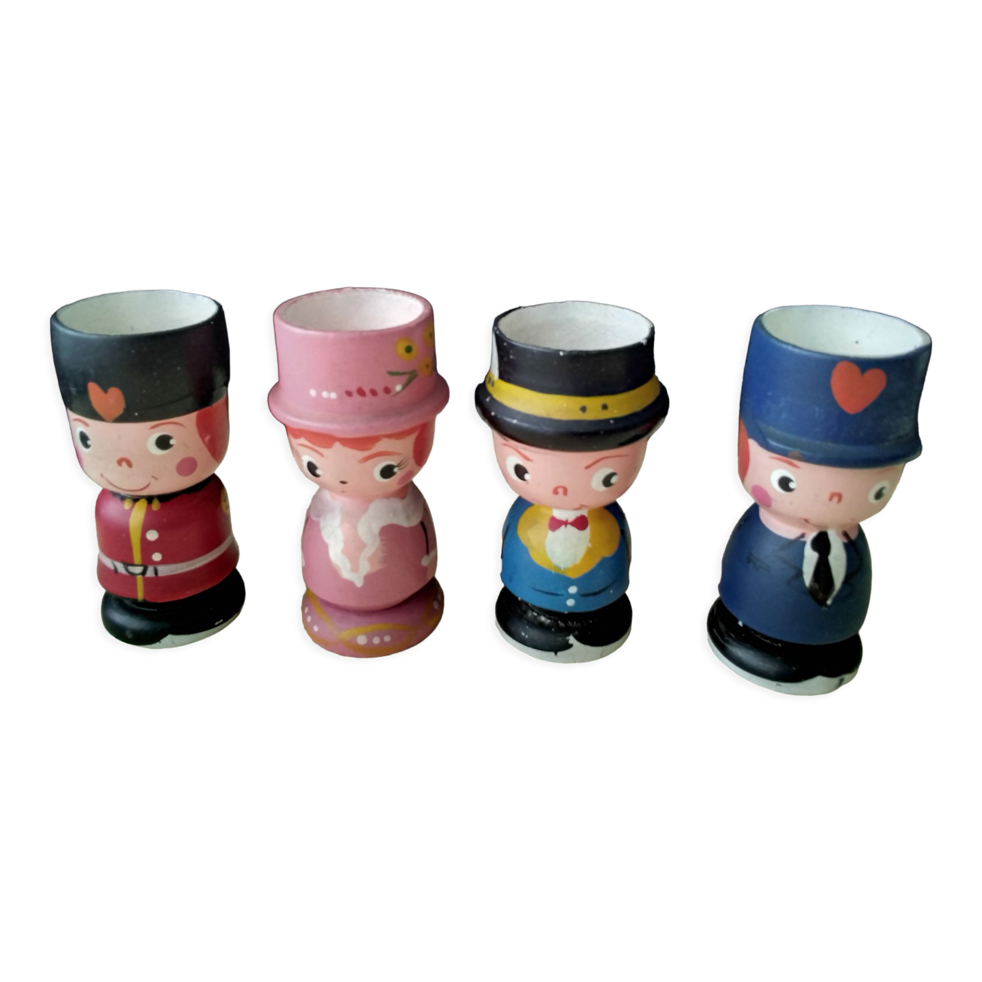 Set of 4 painted wooden characters eggcups