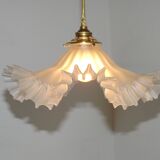 Vintage French Art Deco White Opaque Glass Pendant Light Clear Frilled Edge