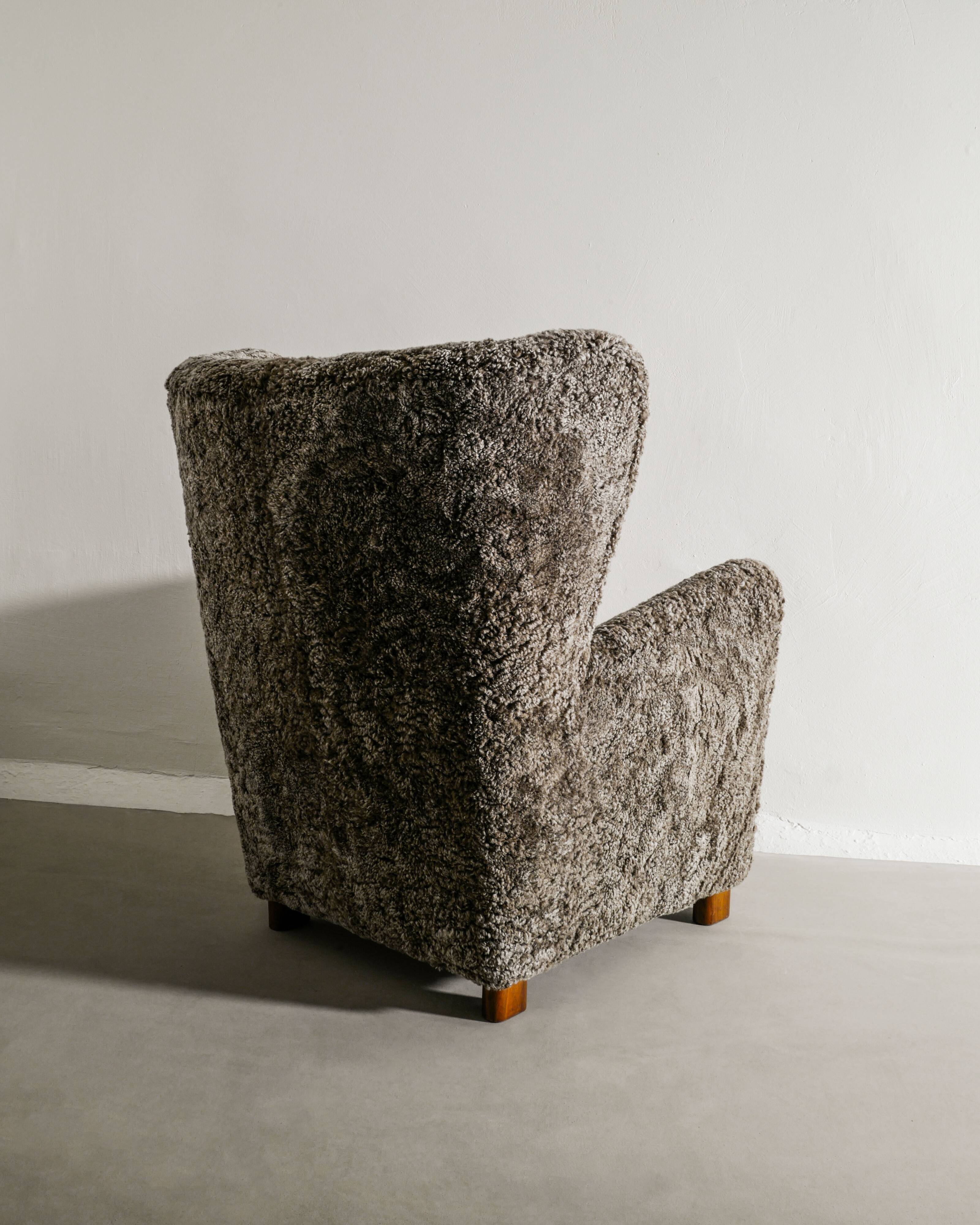 Danish Mid Century Armchair by Thorald Madsen in Grey Sheepskin, 1940s