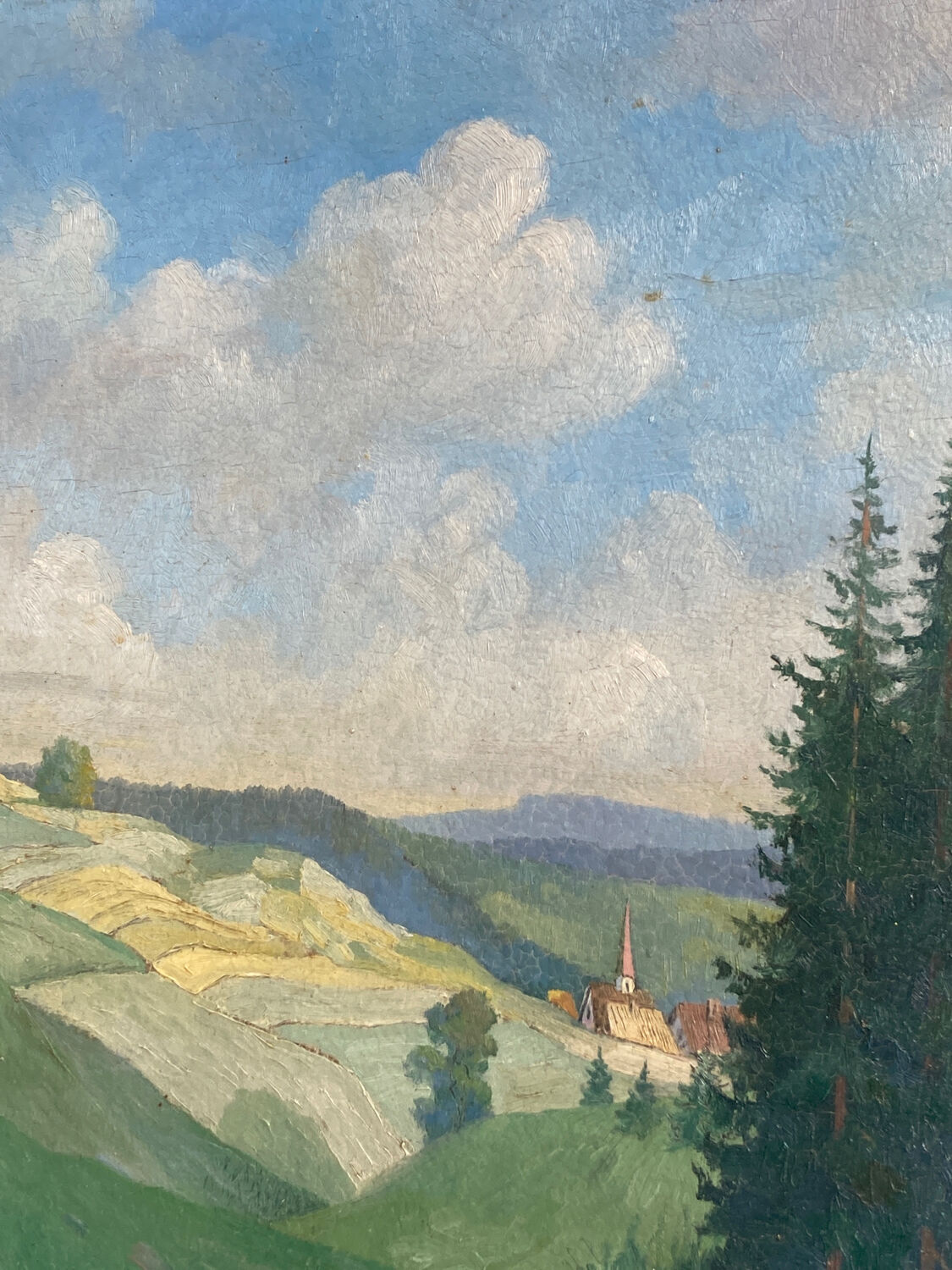 Old oil painting on wood panel / painting of a landscape