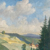 Old oil painting on wood panel / painting of a landscape