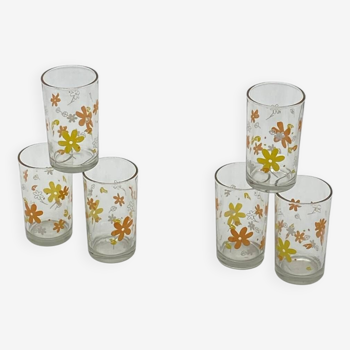 Service of 6 orangeade glasses, vintage, pop, picnic flowers 🟡🟠,