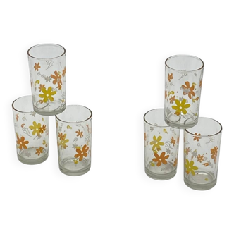 Service of 6 orangeade glasses, vintage, pop, picnic flowers 🟡🟠,