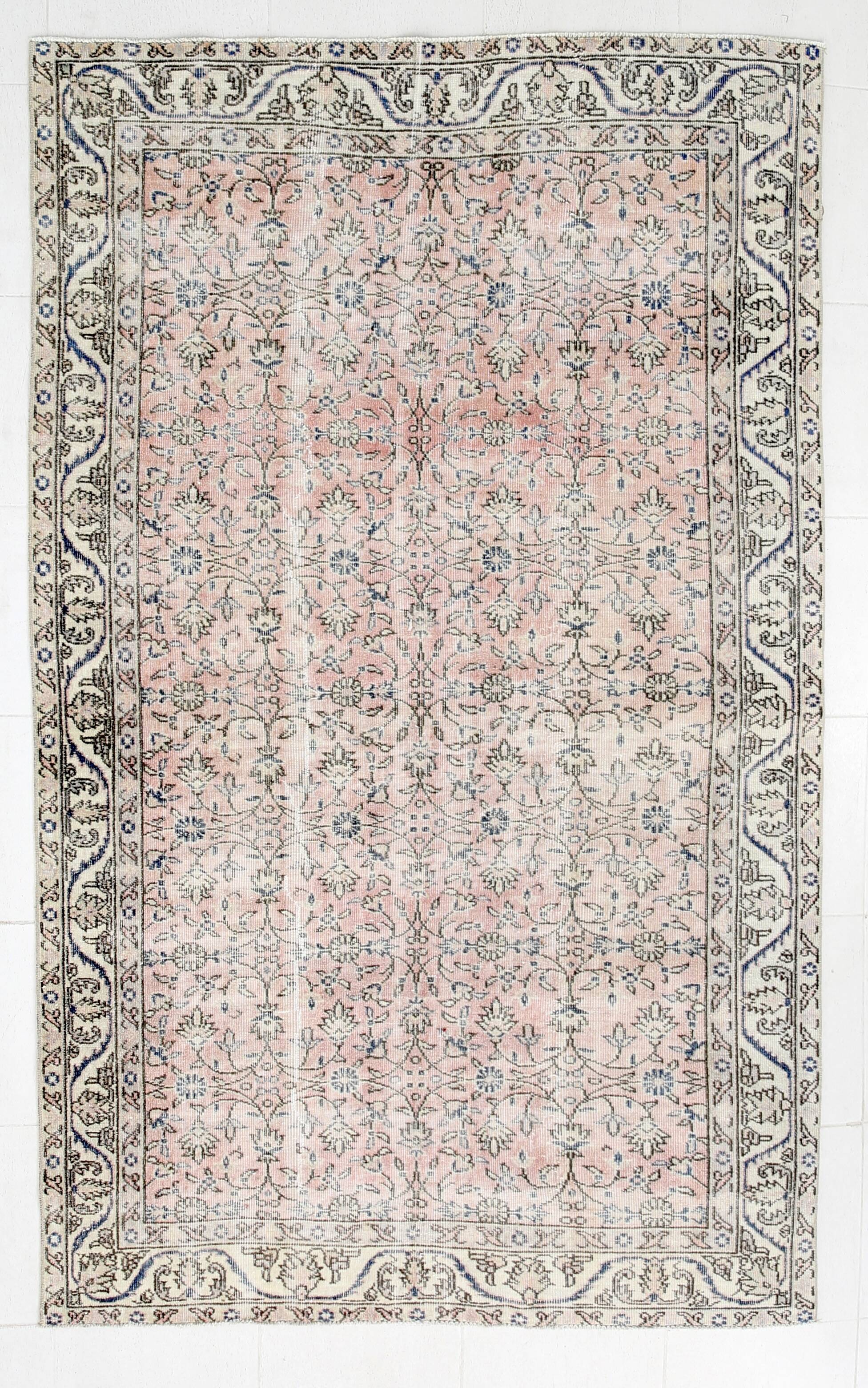 Light Pink & Blue Floral Turkish Vintage Rug, 155x248Cm