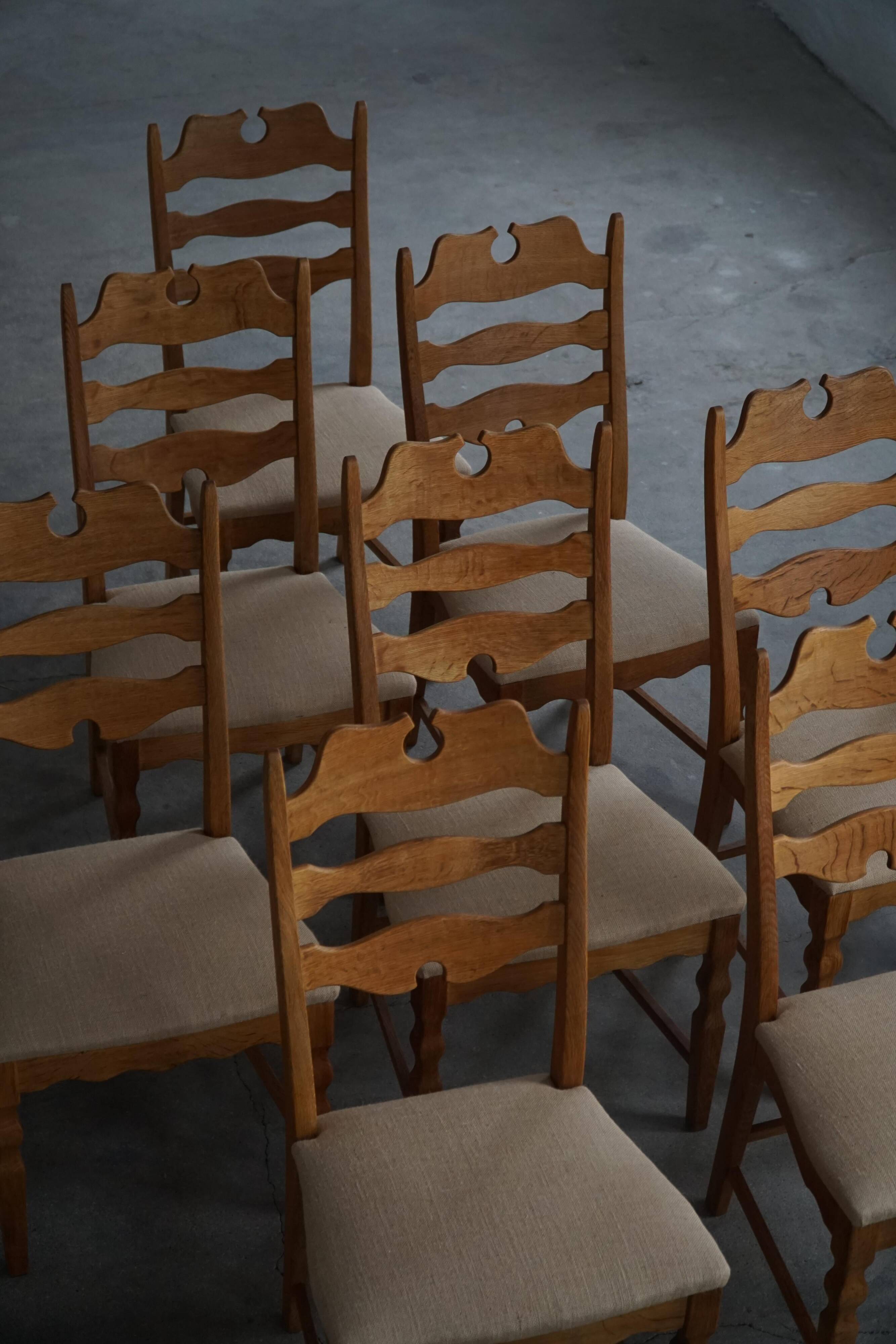 Set of 8 oak chairs with jute fabric, Henning Kjærnulf, mid-century Danish, 1960s.