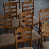 Set of 8 oak chairs with jute fabric, Henning Kjærnulf, mid-century Danish, 1960s.