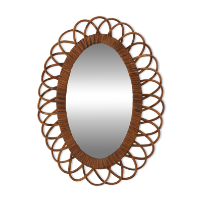 Miroir fleur en rotin, années 50-60