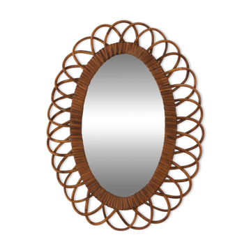 Miroir fleur en rotin, années 50-60