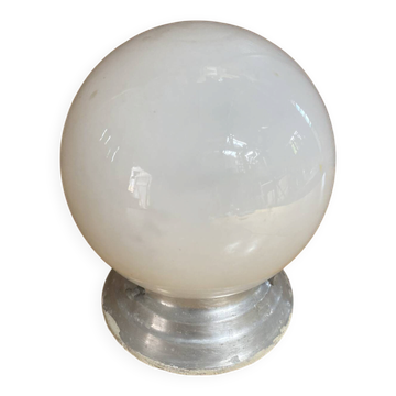 Vintage Ceiling Light Opaline White Ball + Aluminium Support 50s #E