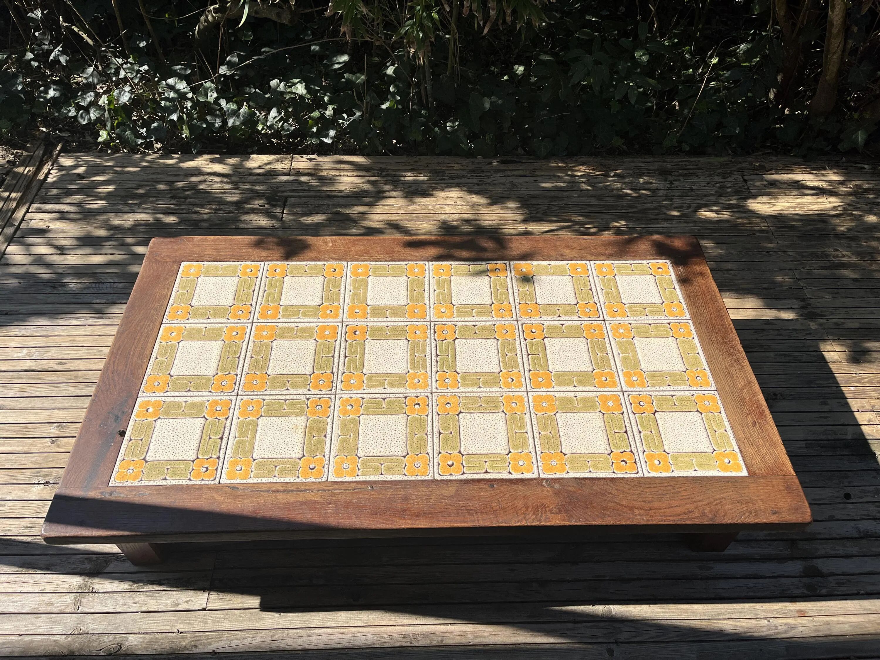 Large vintage 1960s oak and ceramic coffee table.