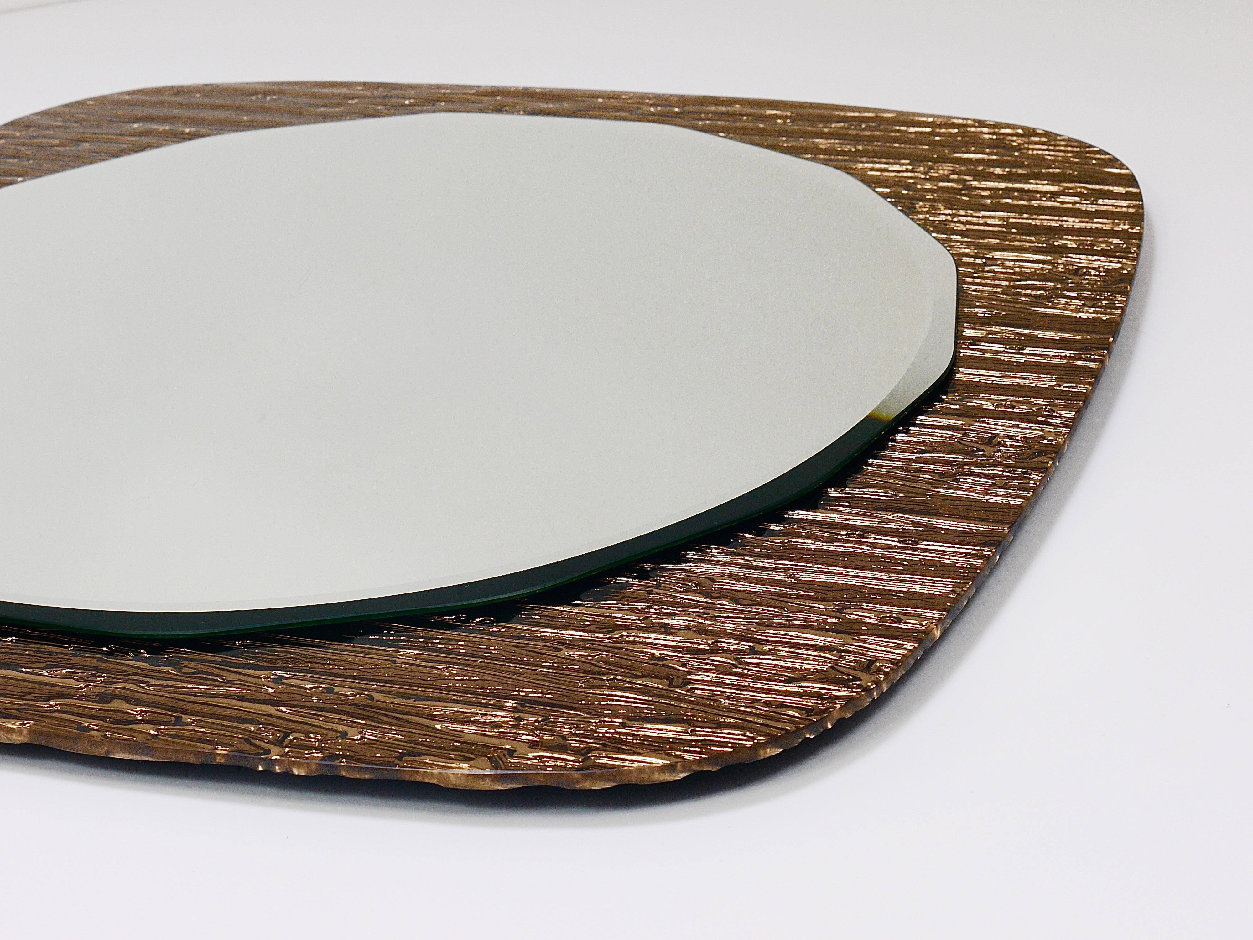 Crystal Art Sculpted Textured Wall Mirror Gold Bronze Mid-Century, Italy, 1960s