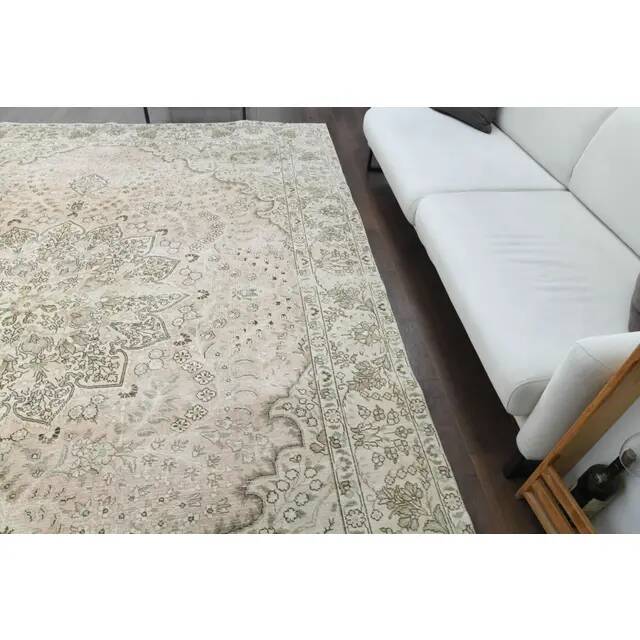 1970s Vintage Persian Handmade Wool Cotton Beige Area Rug 287x367