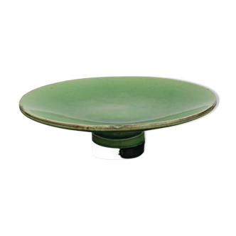 Vintage 50s-60s dish in green enamelled terracotta