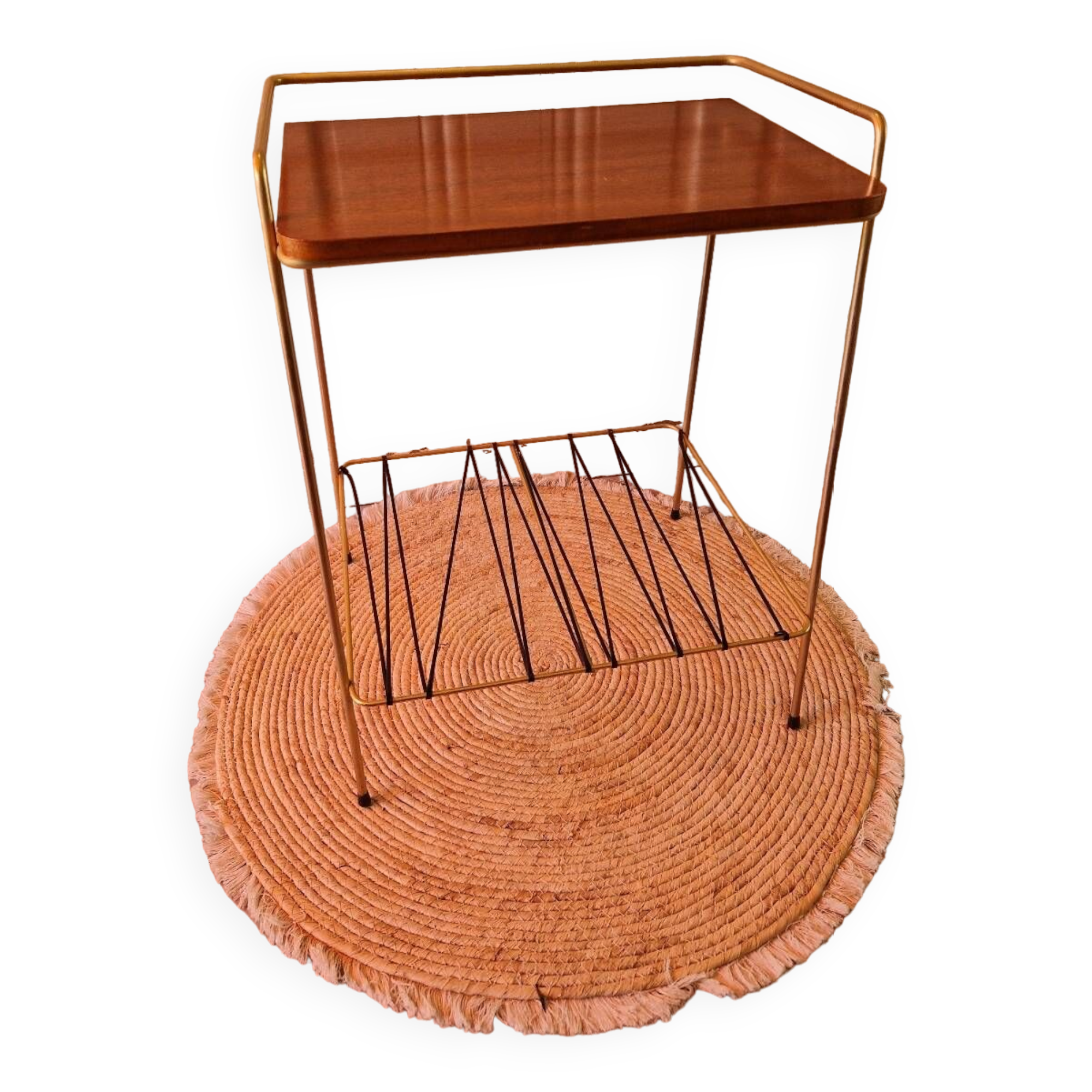 Side table in gold metal and scoubidou