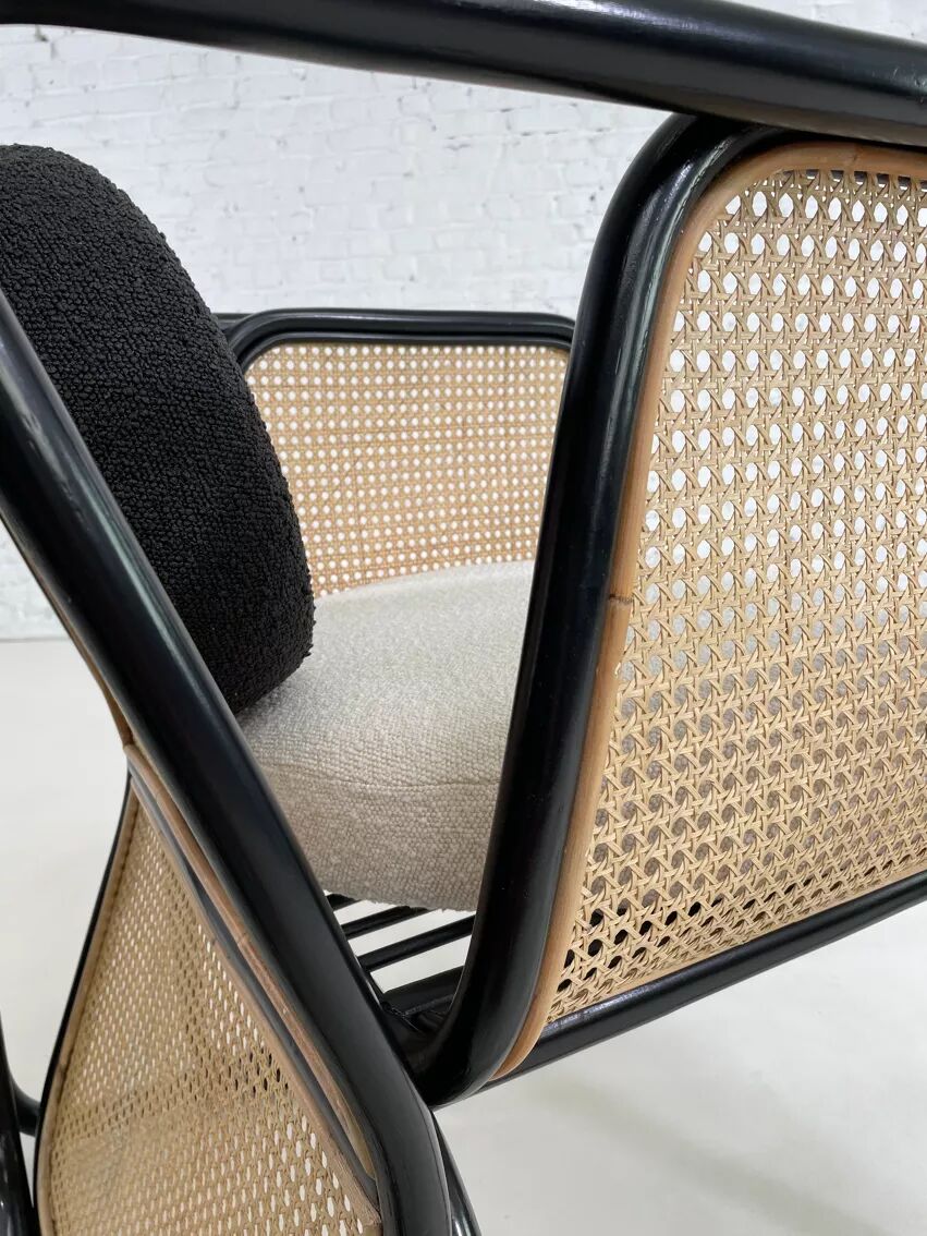 Cubic armchair in black rattan and canework
