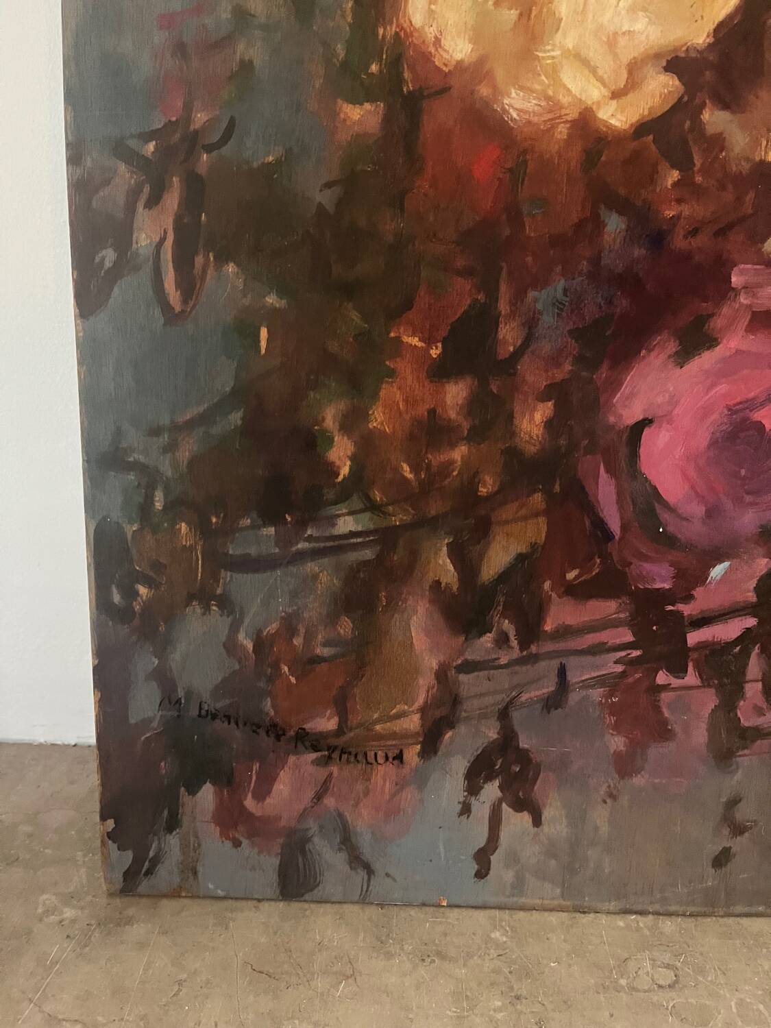 Large bouquet of roses, oil on wood panel, signed