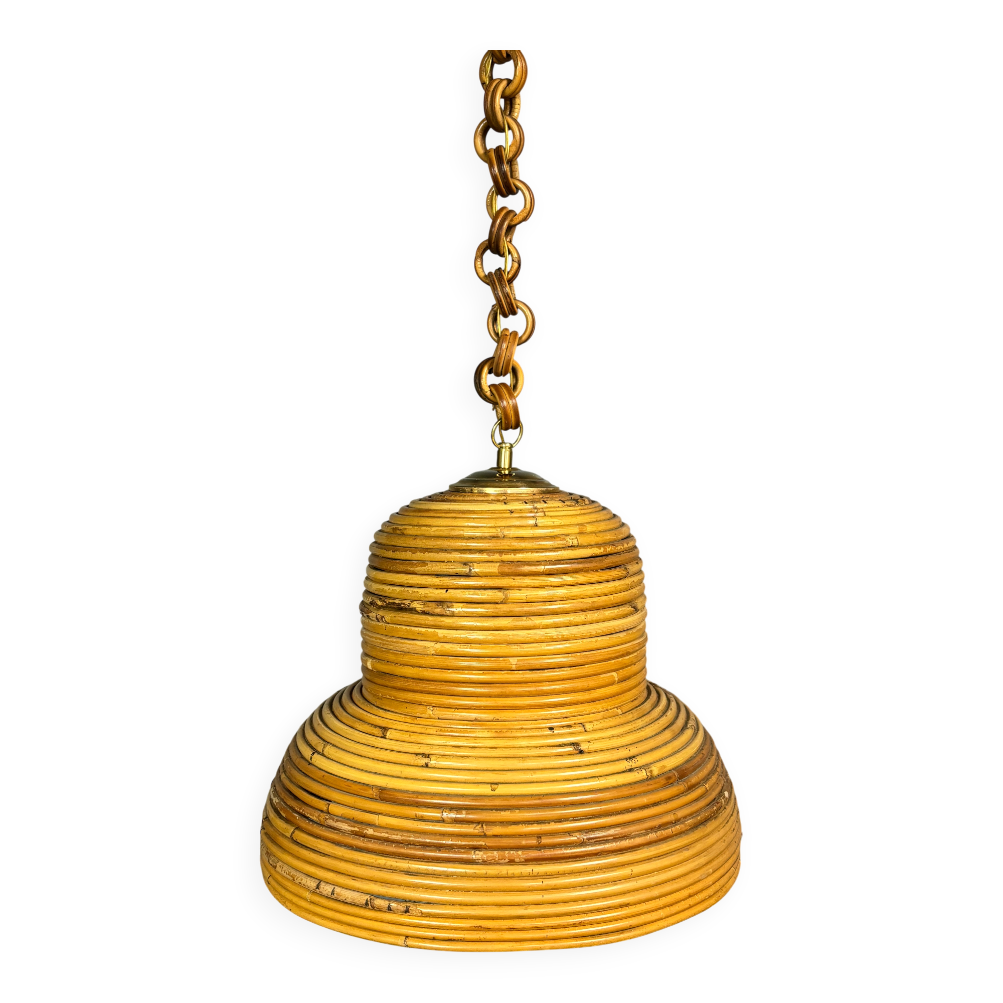 Midcentury Italian pencil reed rattan bamboo and brass hanging lamp pendant