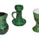 Set vintage en céramique émaillée verte, décor folk hongrois — lot de 3 pièces