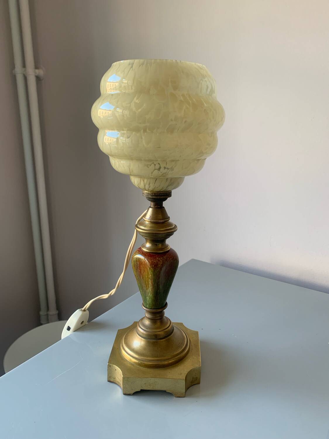 Old ceramic and brass lamp, Clichy glass globe