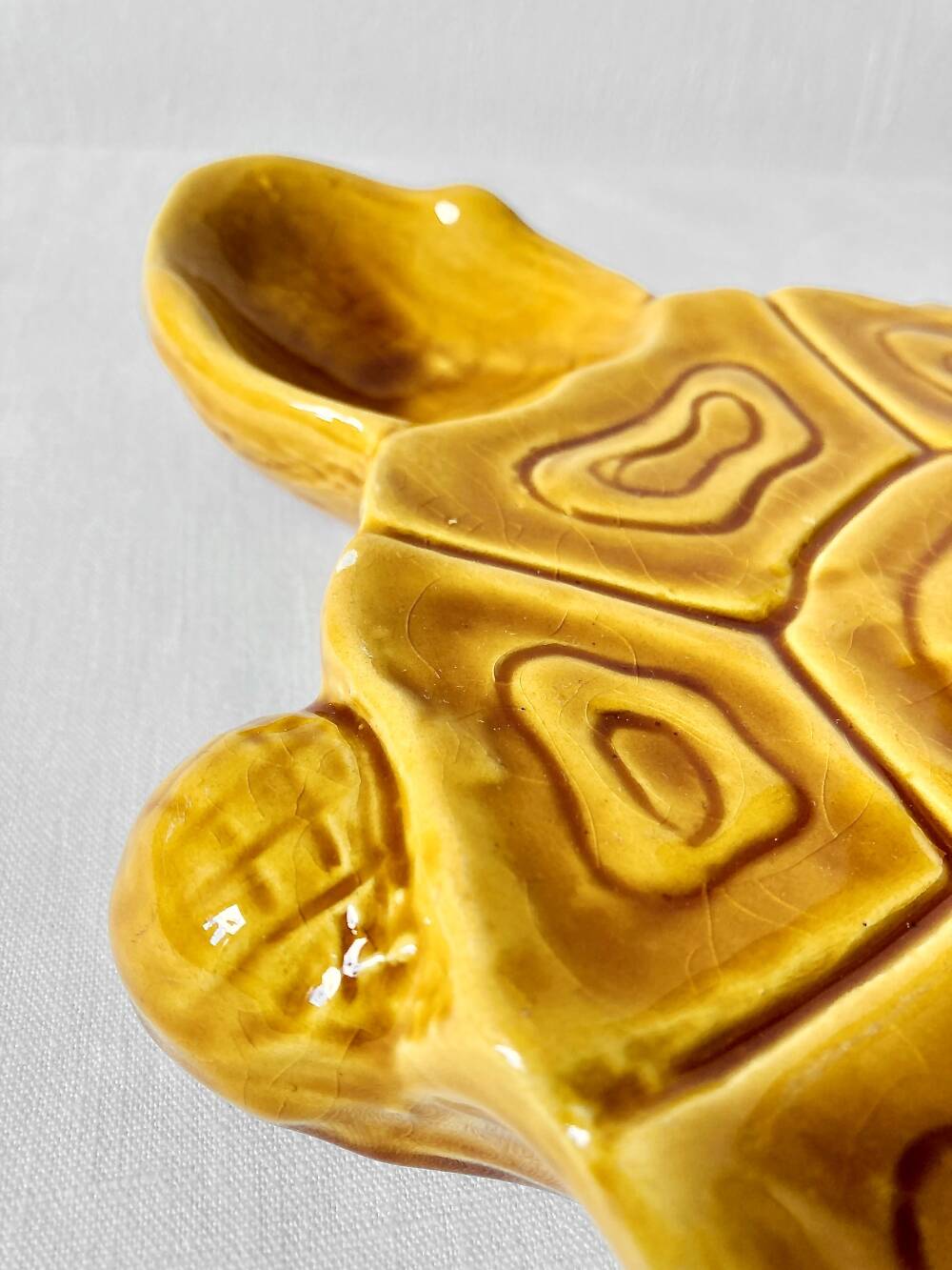 Large mustard yellow ceramic turtle dish, vintage 1950s-1970s.