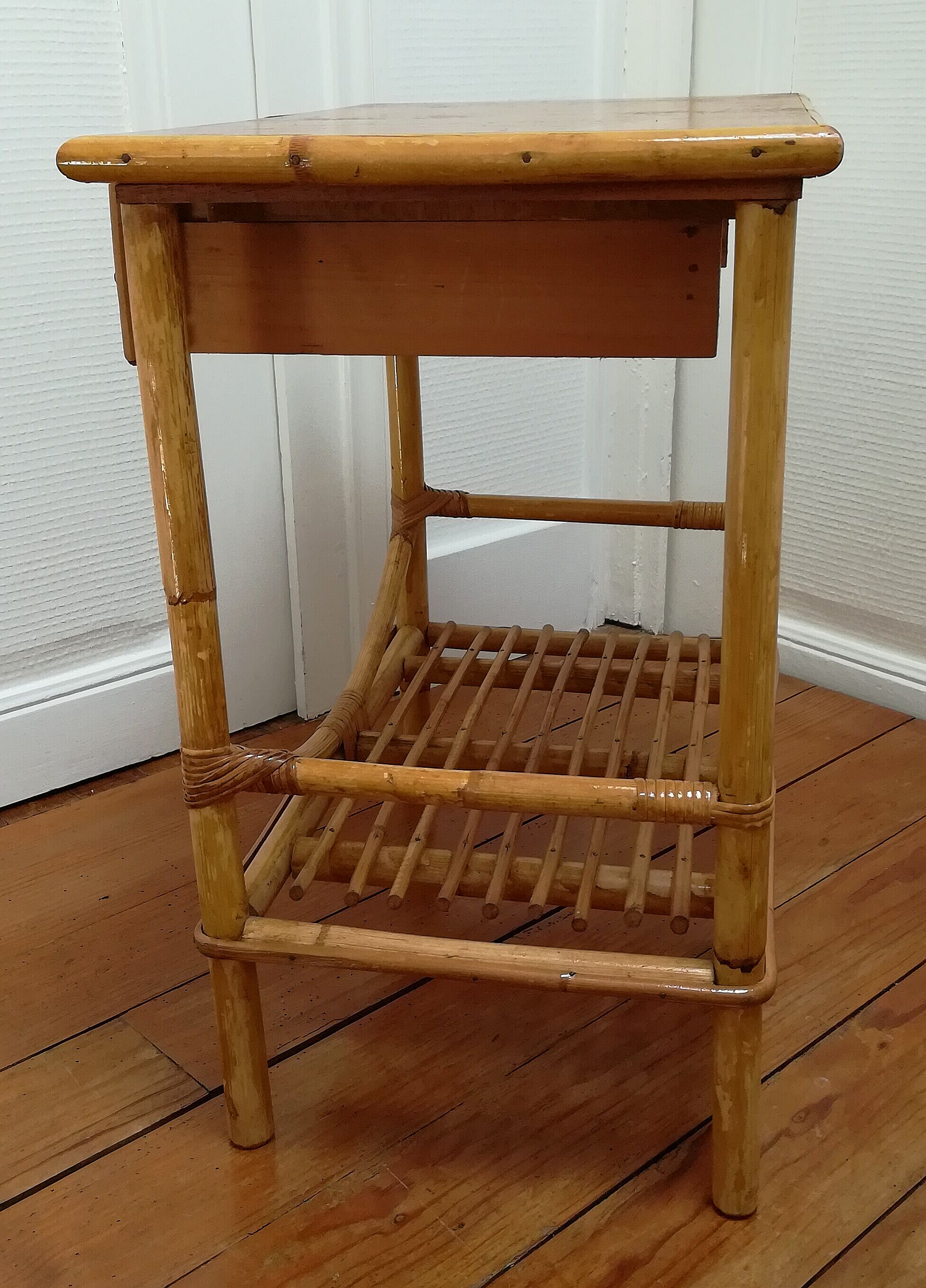 Rattan and vintage bamboo bedside table