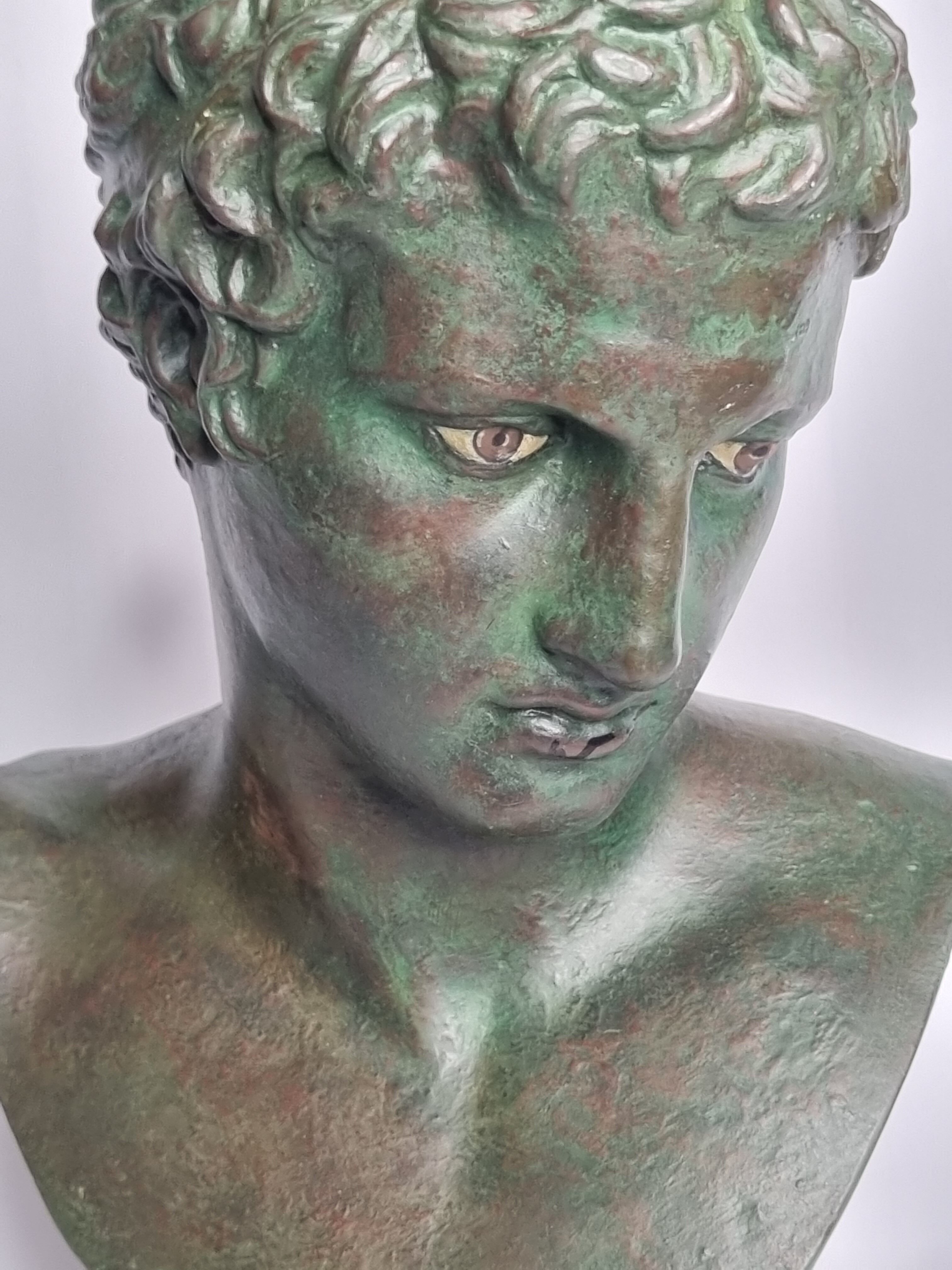 Bust of the Ephebus of Marathon in patinated plaster on base