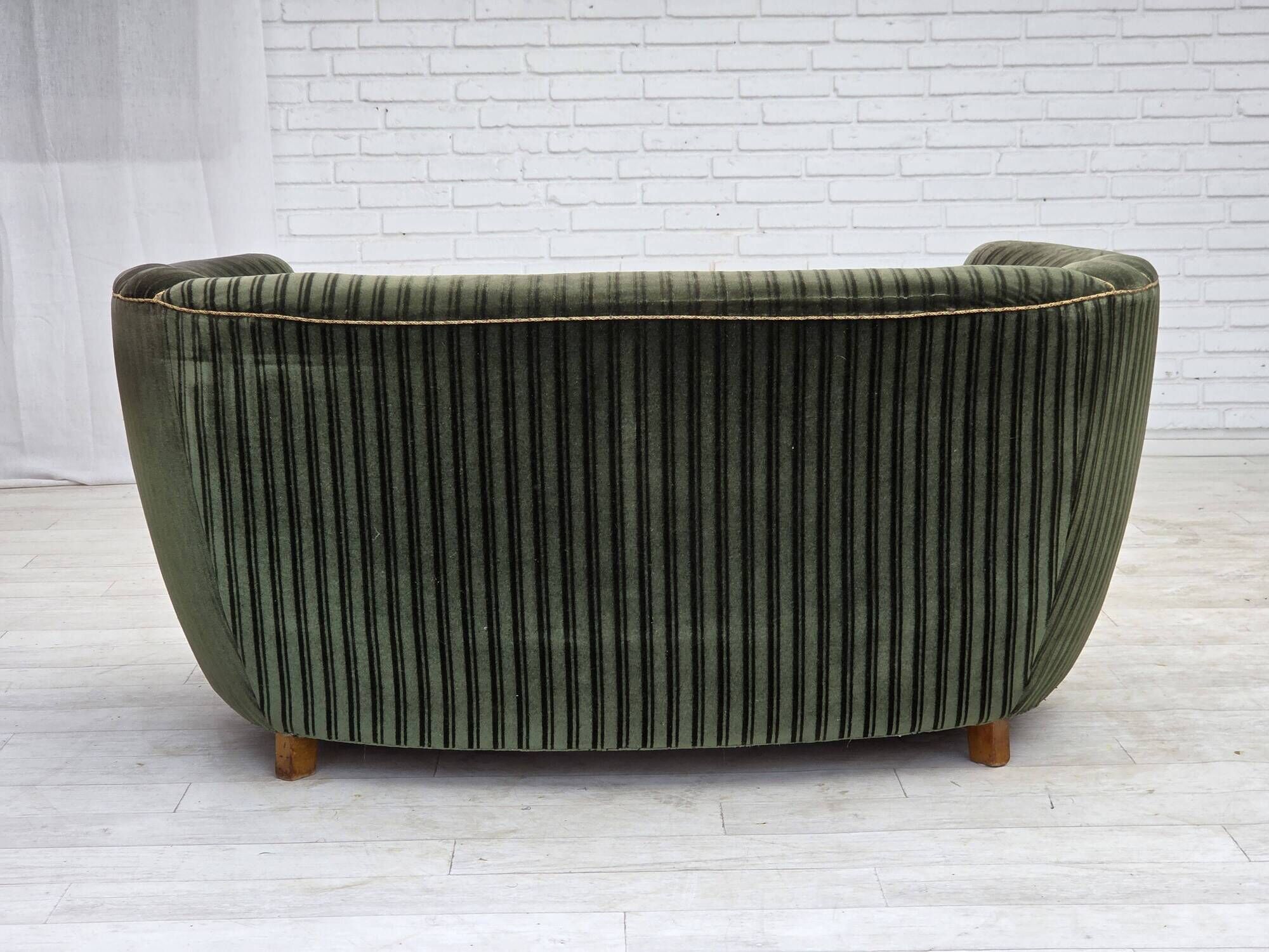 1960s, Danish 2-seater curved sofa, furniture velour, oak wood.