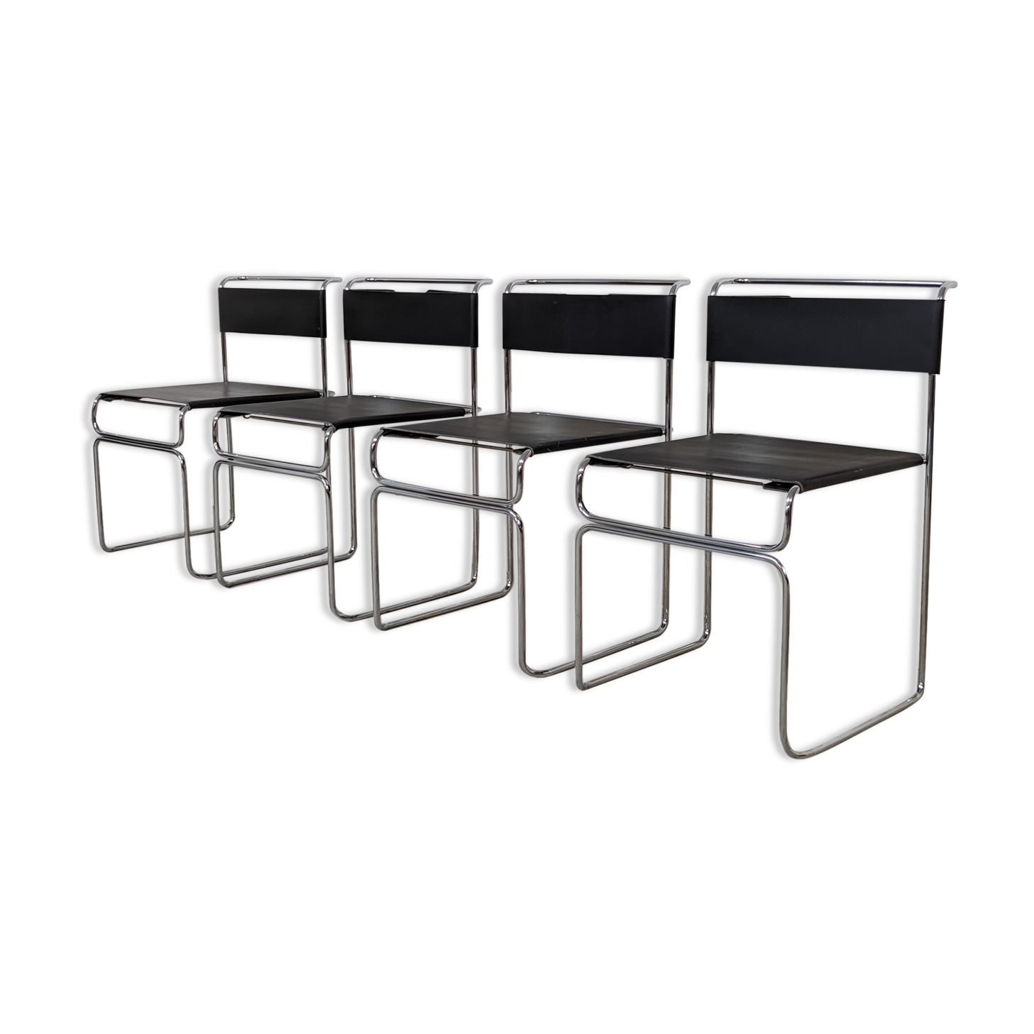 Suite of 4 chairs in chromed metal and leather by Giovanni Carini for Planula - 70s