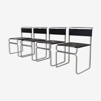 Suite of 4 chairs in chromed metal and leather by Giovanni Carini for Planula - 70s