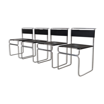 Suite of 4 chairs in chromed metal and leather by Giovanni Carini for Planula - 70s