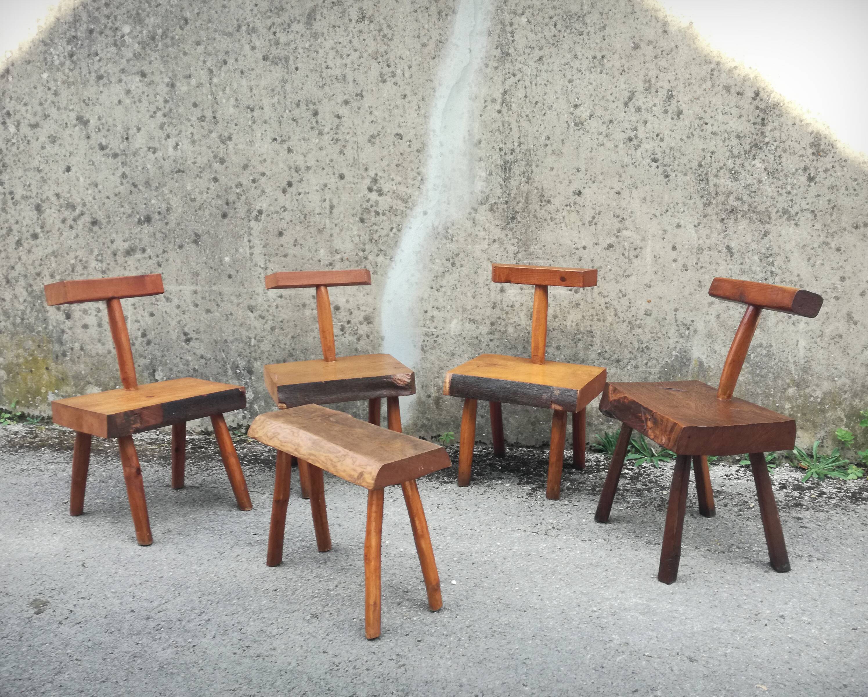 Set of four brutalist chairs and a bench, France, 1960s