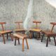 Set of four brutalist chairs and a bench, France, 1960s