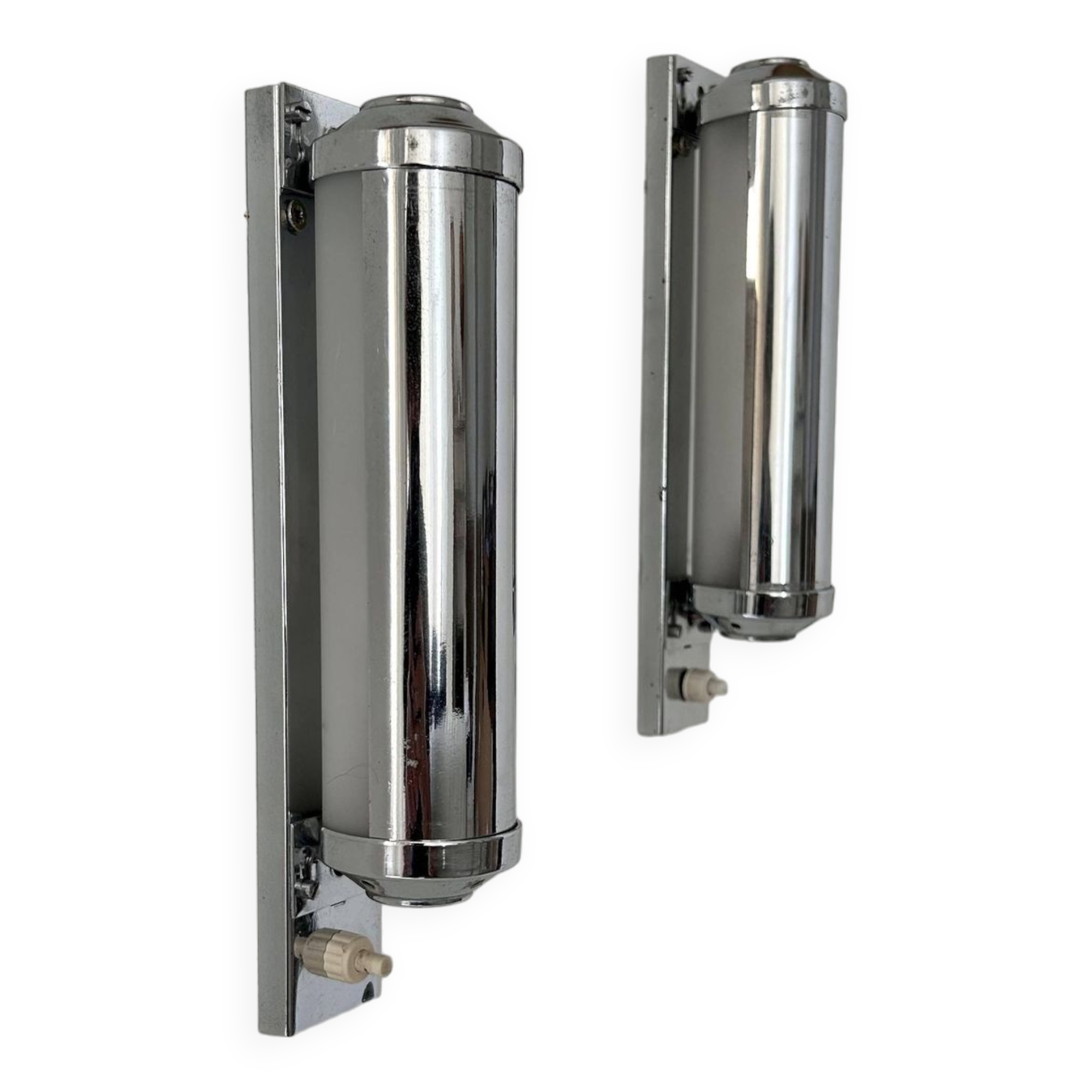 Pair of vintage modernist wall lights, chrome and sandblasted glass, France 1930