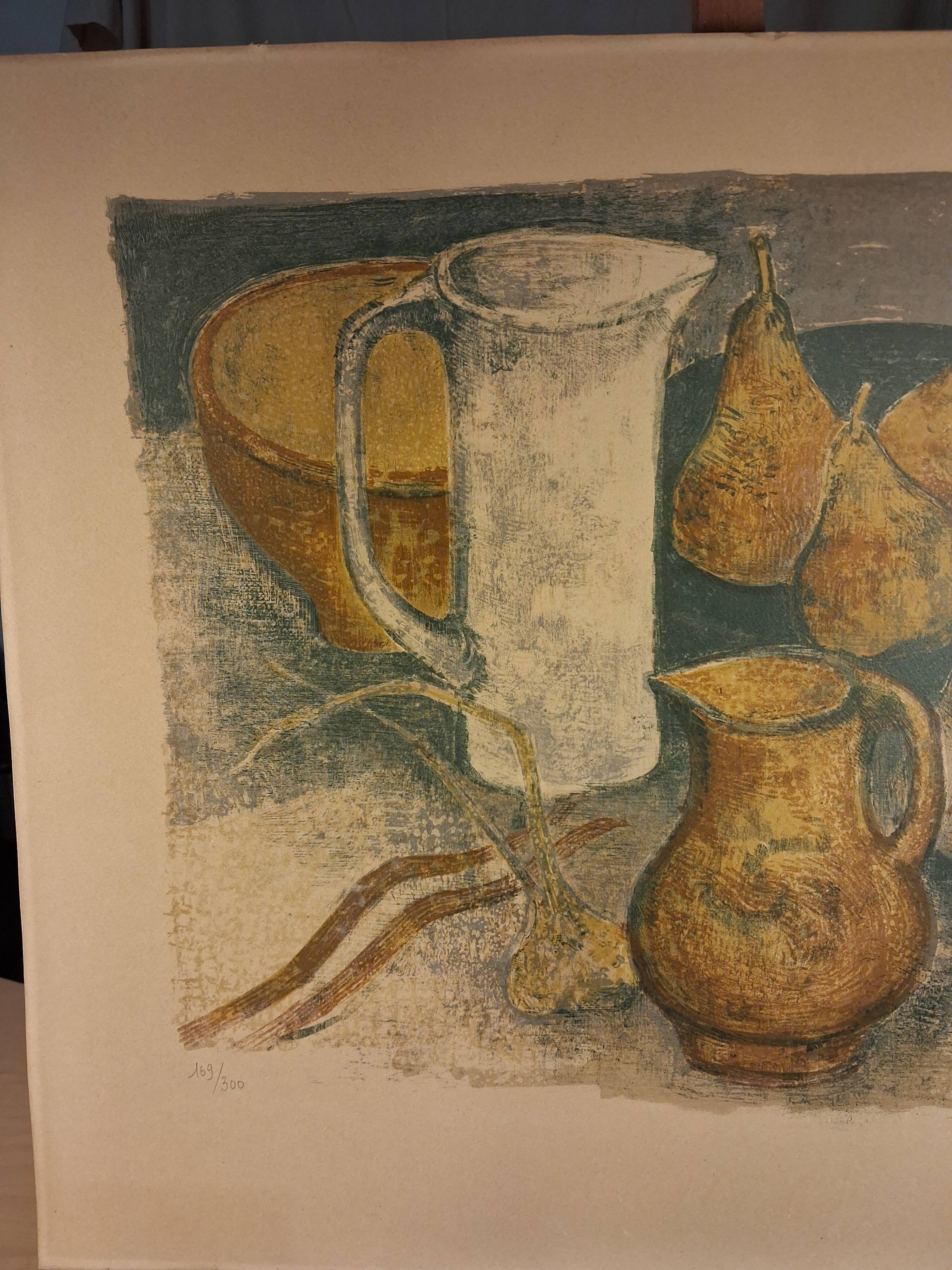 Lithographie en couleur d’André Minaux (1923-1986), nature morte, fruits