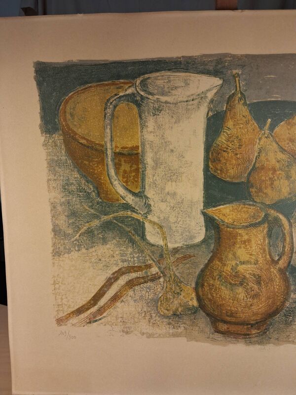 Lithographie en couleur d’André Minaux (1923-1986), nature morte, fruits