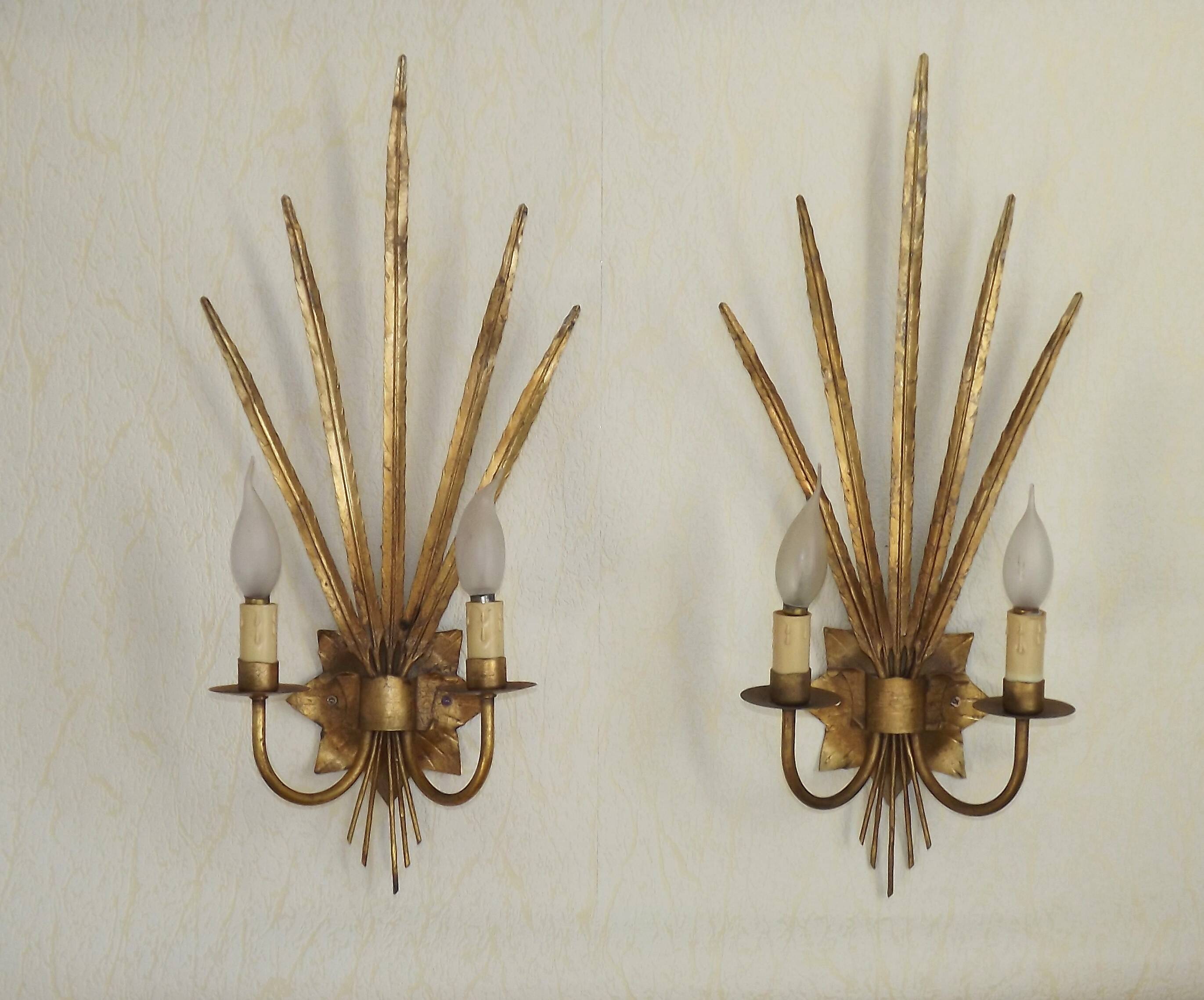 Matching Pair Large 'Ferro Art' Spain, 1950s Reed Leaf Double Wall Lights 5