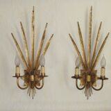 Matching Pair Large 'Ferro Art' Spain, 1950s Reed Leaf Double Wall Lights 5