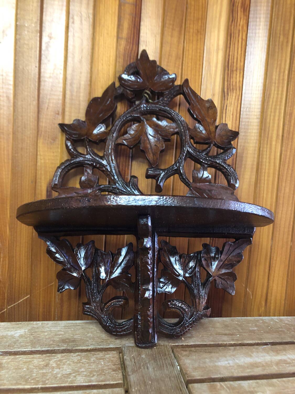 Carved wood wall shelf vintage vine leaves decor #a465