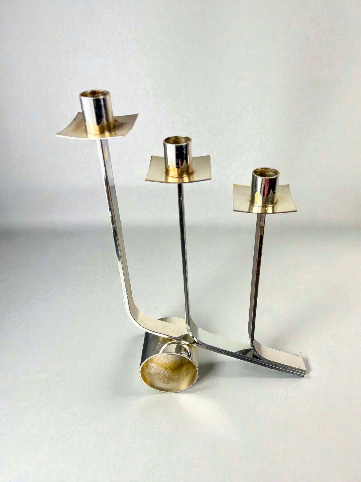 Art Deco 3-flame candelabra in stainless steel, France