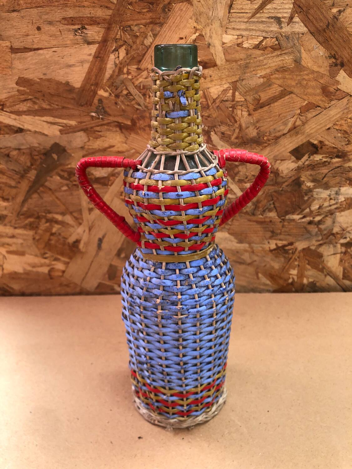 Old Lady Jeanne Bottle Glass + Rattan Woven Wicker Painted Vintage