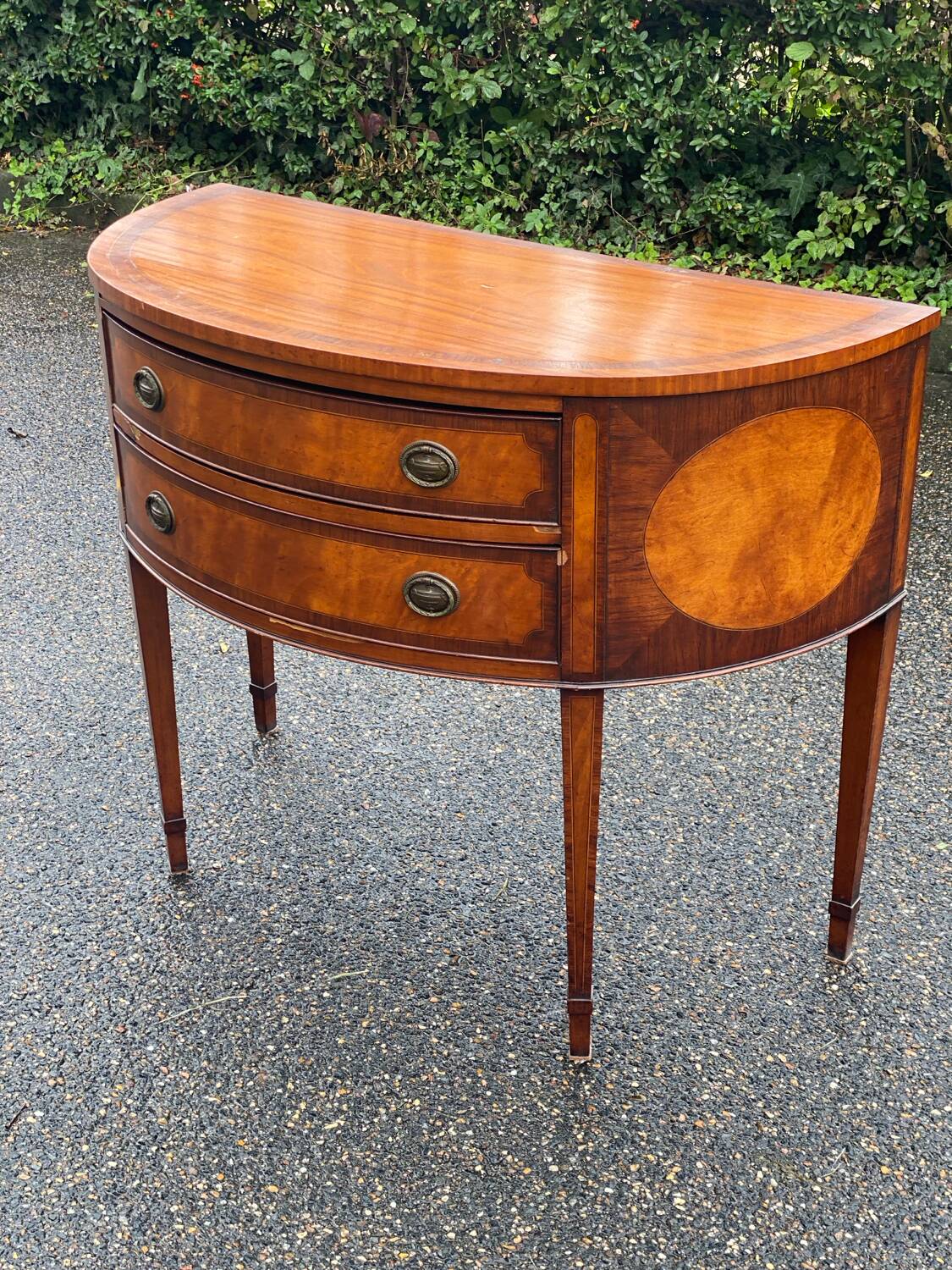 Commode console demi lune vintage bois et marqueterie Louis XVI