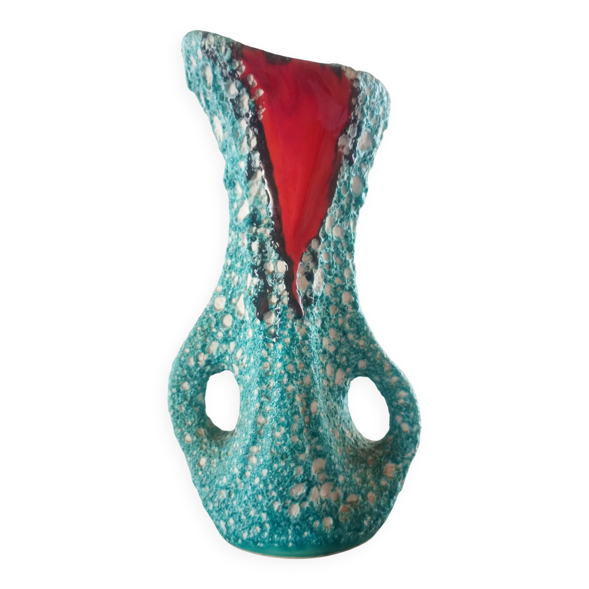 Turquoise "lava" double-handled vase - red & black enamel drips