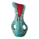 Turquoise "lava" double-handled vase - red & black enamel drips