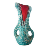 Turquoise "lava" double-handled vase - red & black enamel drips