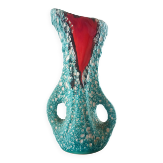 Vase double anse "lava" turquoise - coulures émail rouge & noir