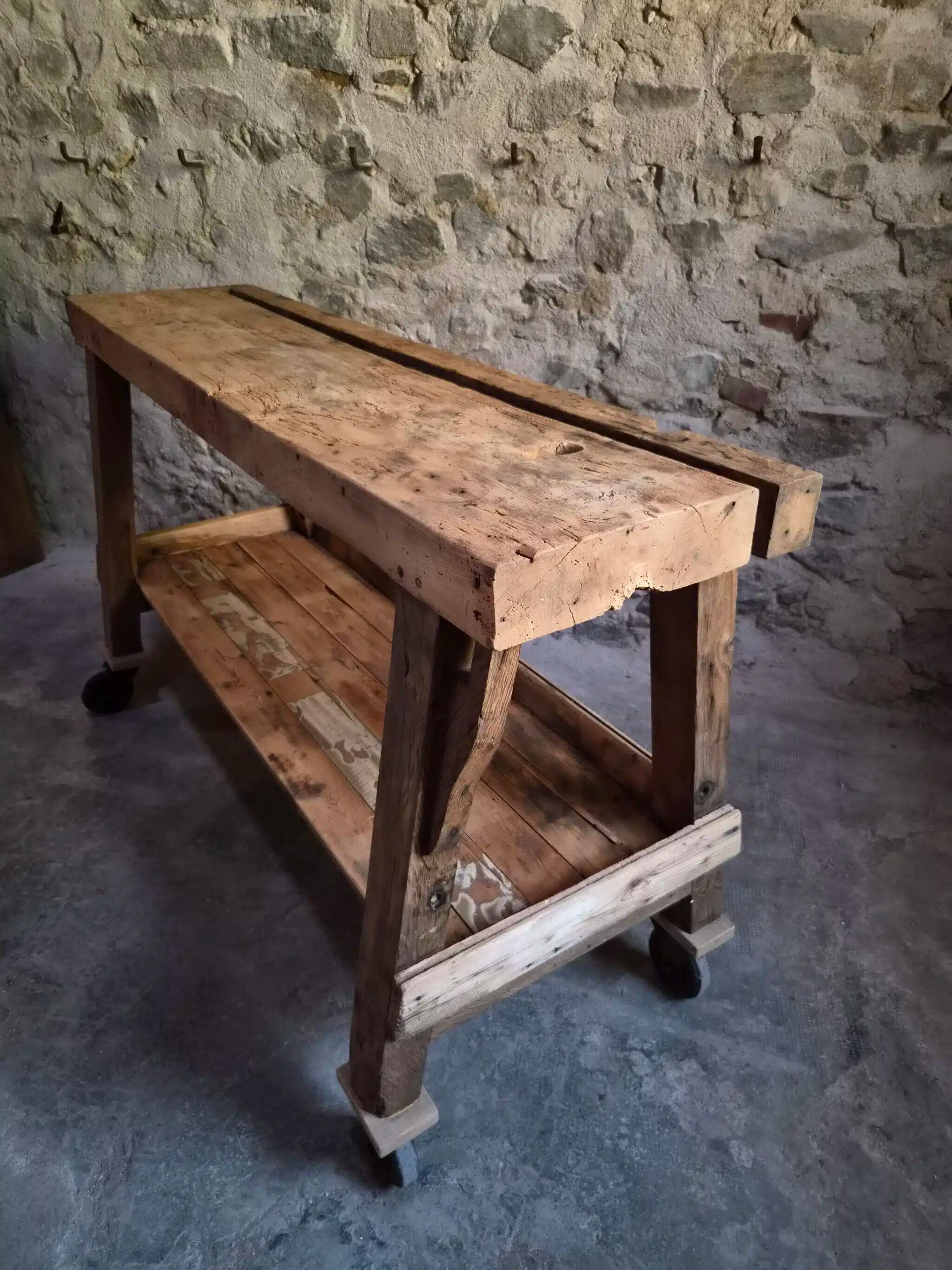 French industrial kitchen island, antique work table in chestnut and oak, circa 1900.