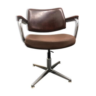 Fauteuil de bureau vintage en skaï marron vers 1960