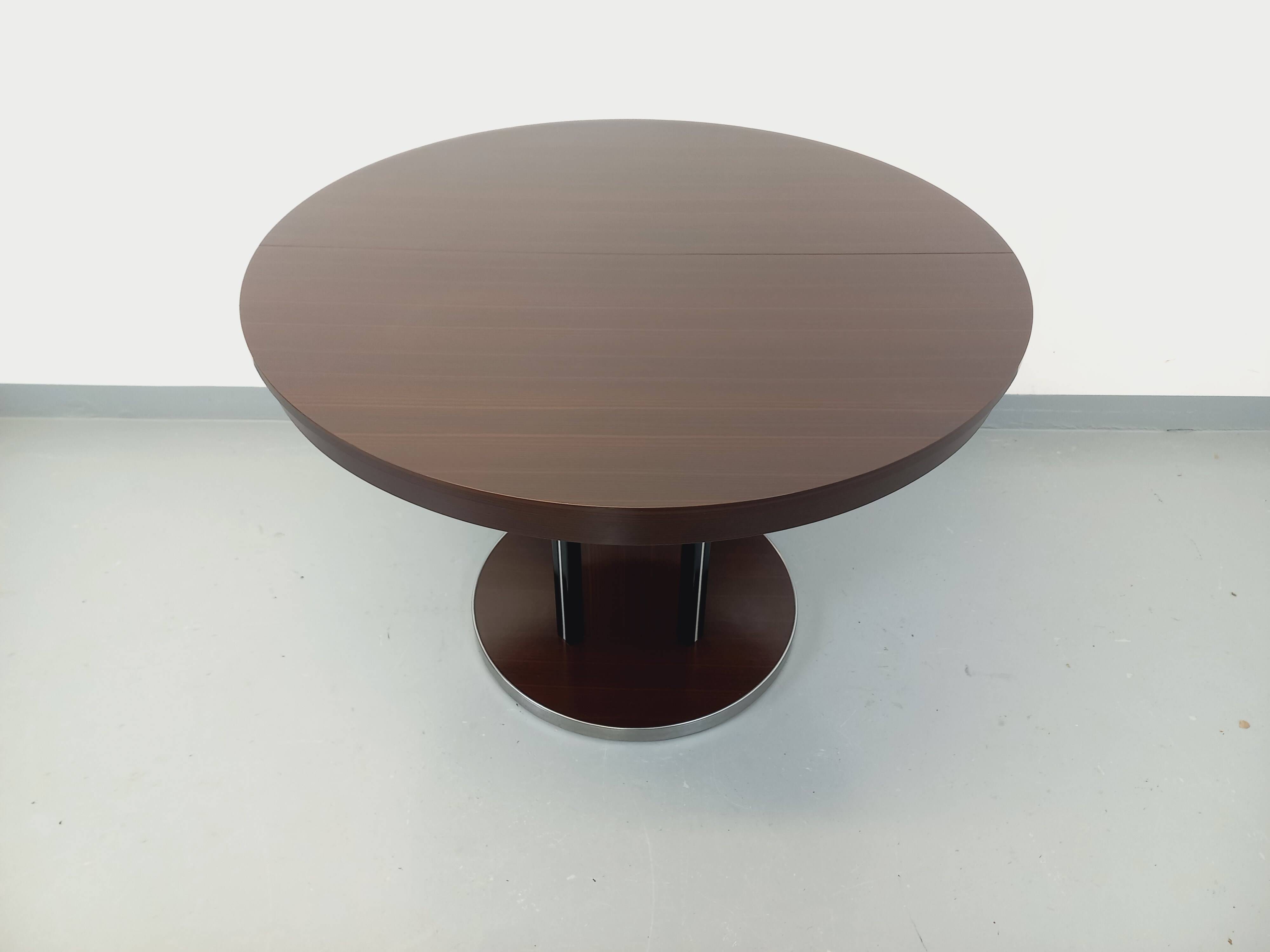 Table ronde de repas vintage en bois d’ébène et métal chromé Space Age