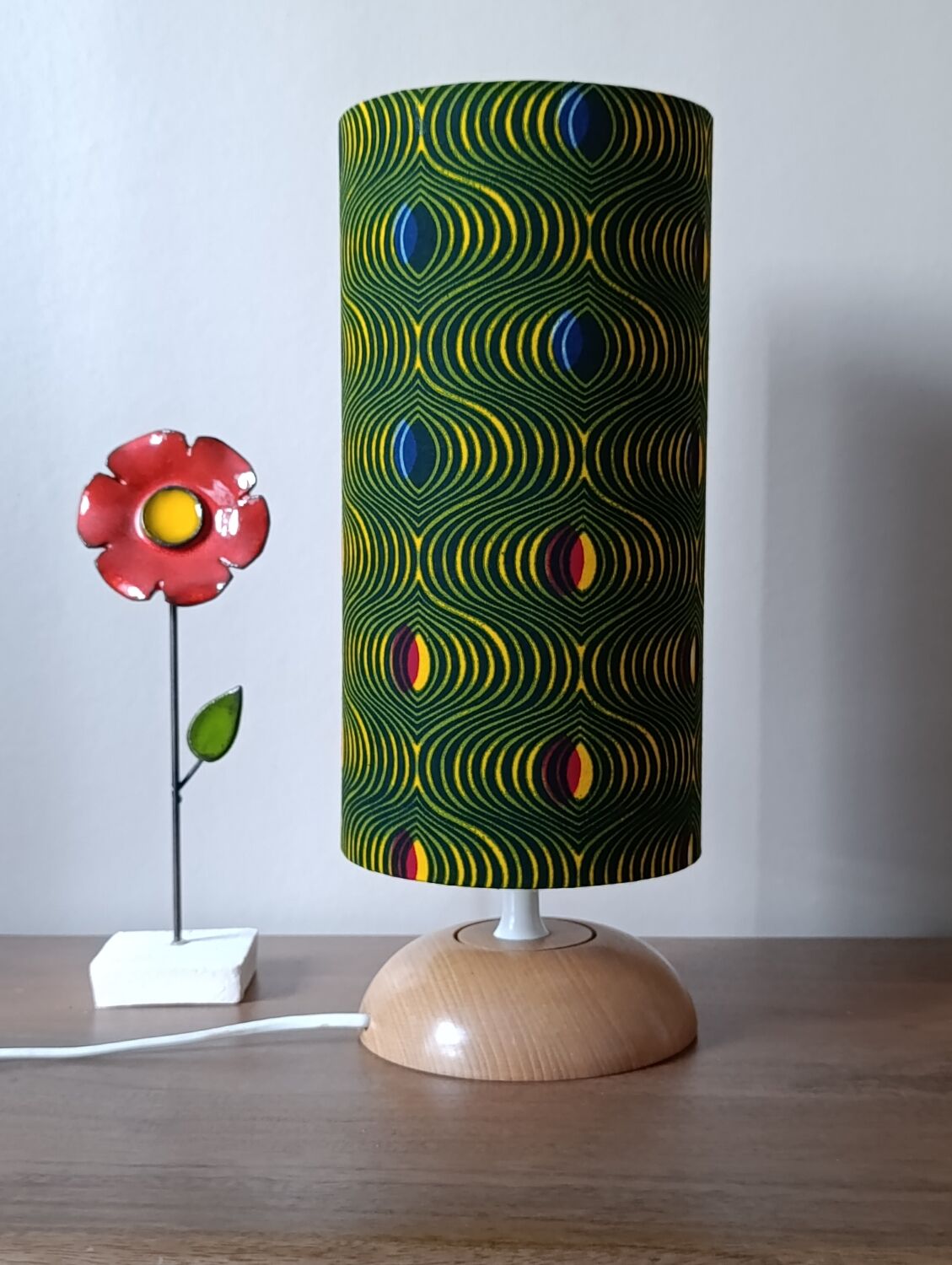 solid wood Scandinavian base lamp, hypnotic printed lampshade