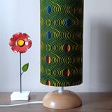 solid wood Scandinavian base lamp, hypnotic printed lampshade